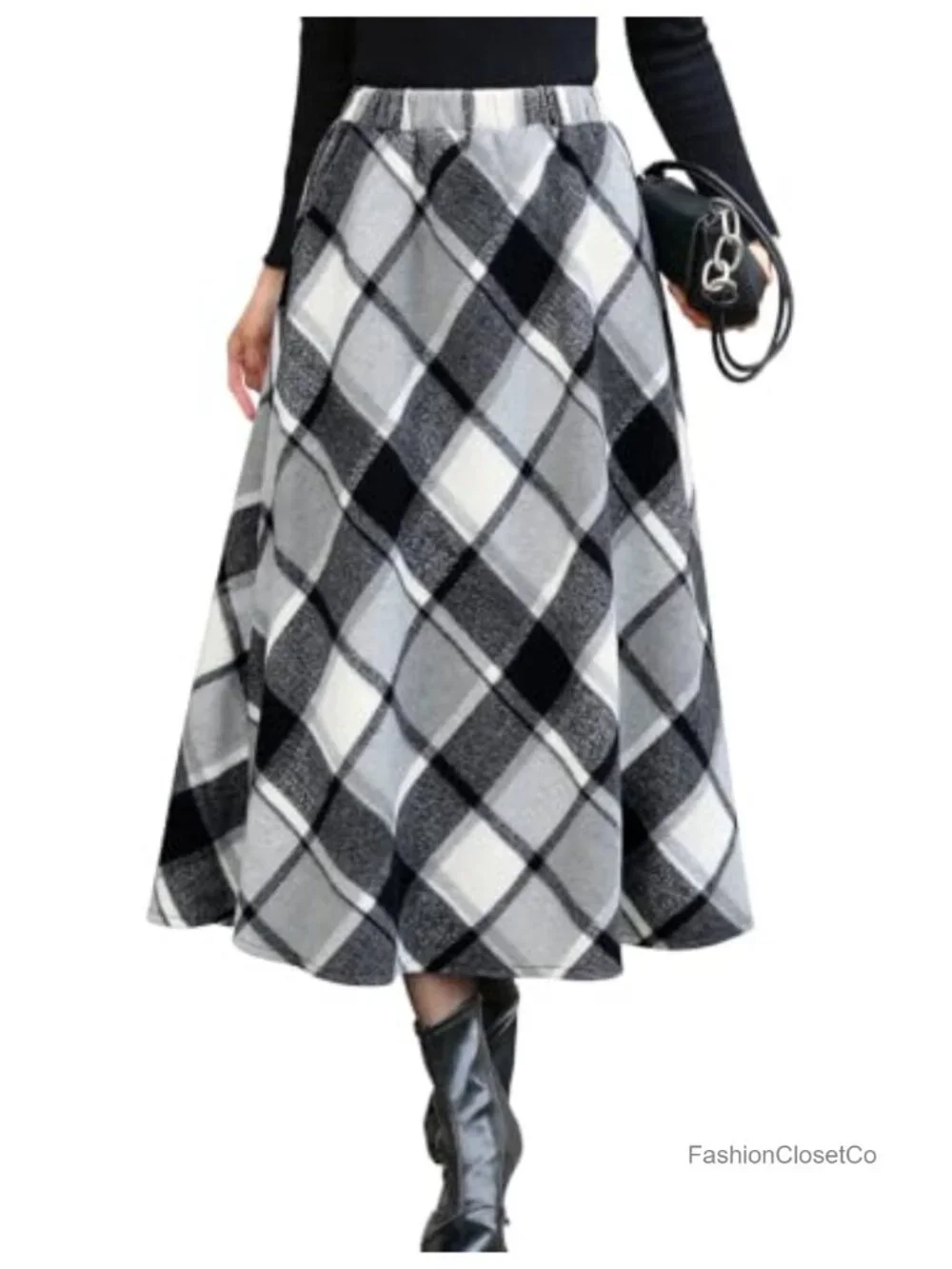 Women's Long Plaid Skirt A-Line Maxi Tartan Wool Blend High Waist with Pockets
